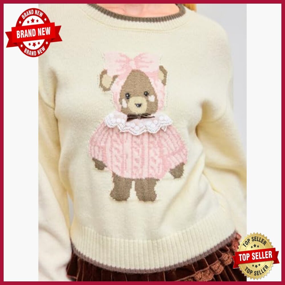 Soft Knit Cropped Pullover Sweater Bear Graphic Long Sleeve Casual Fall - Picture 3 of 7